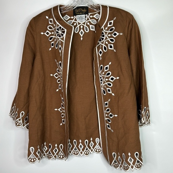 Bob Mackie Tops - Bob Mackie Wearable Art Brown Embroidered Linen Blouse Size XS